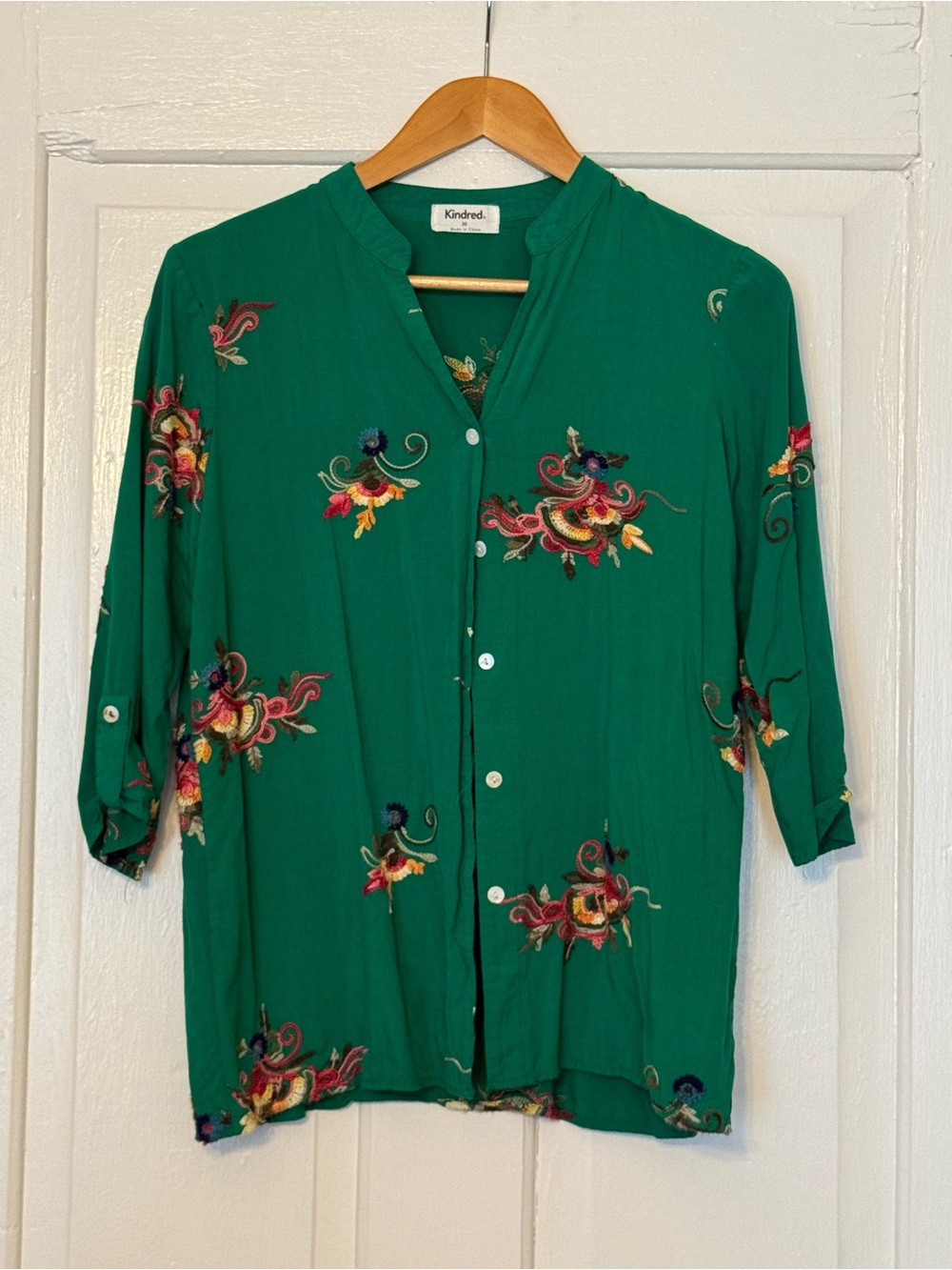 Anthropologie Kindred Green Embroidered Button-Down Shirt